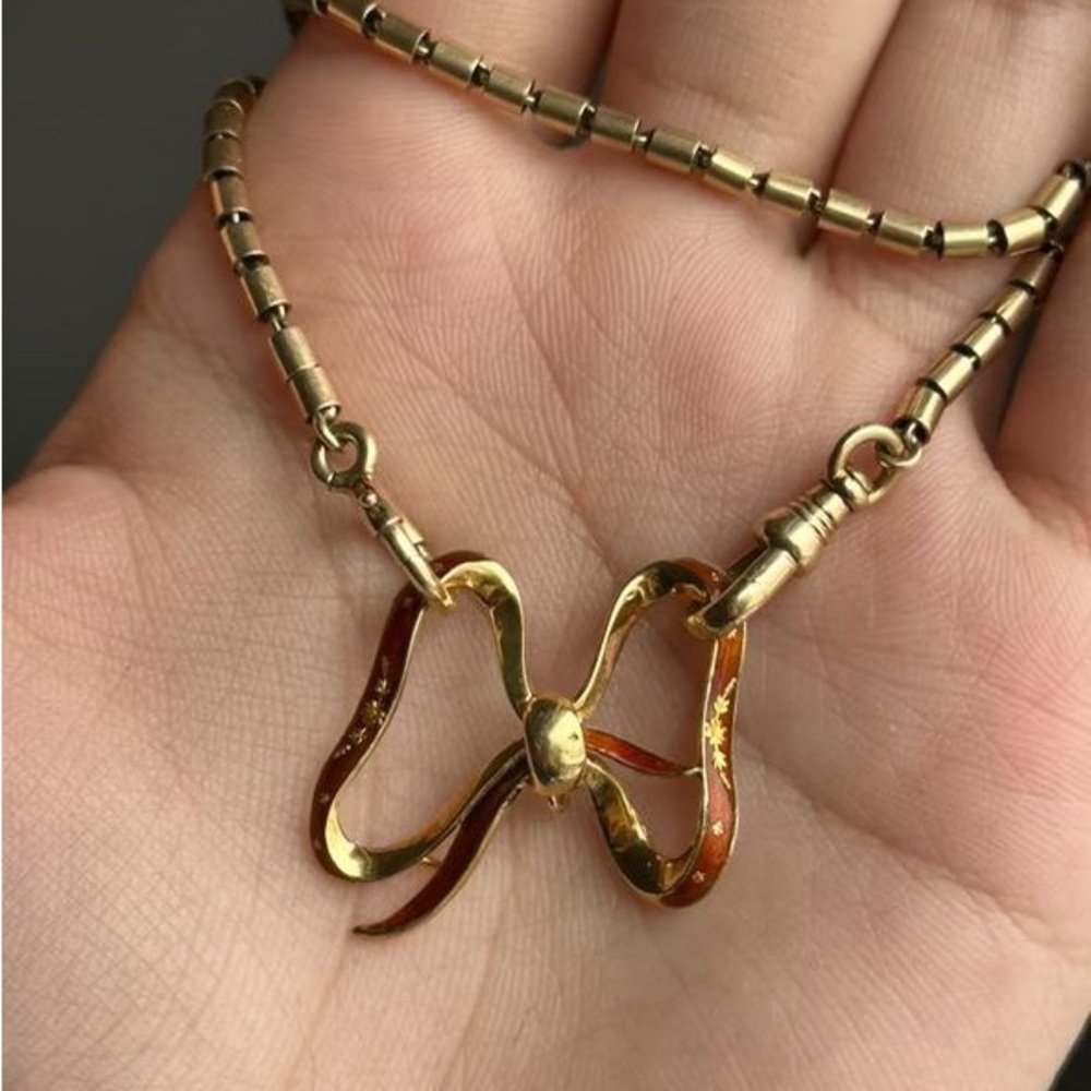 Vintage 18K Enamel Bow Pendant  - Mint Condition